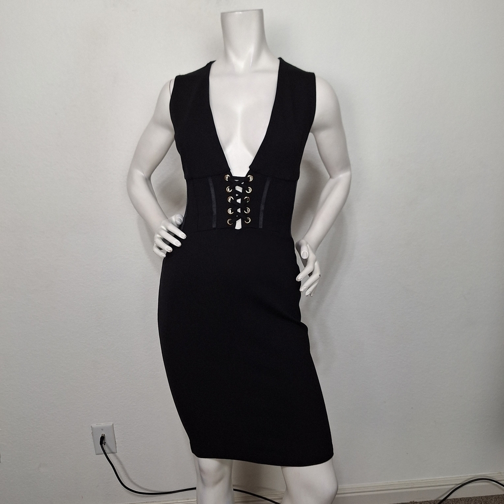Iris Black WhimsyGoth Corset Lace Up Deep V Night Out Edgy Bodycon Dress Size L
